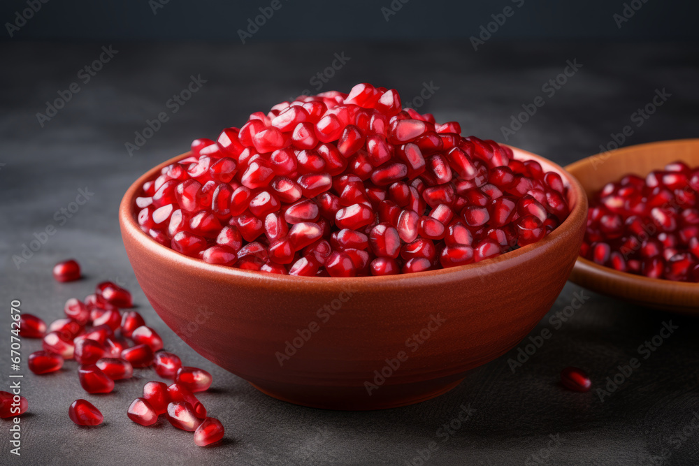 Pomegranate seeds in a bowl and scattered on the table. Generative AI Pomegranate seeds in a bowl and scattered on the table. Generative AI