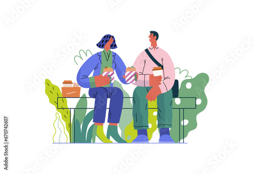 Mutual Support: Share food -modern flat vector concept illustration of woman offering half of her lunch to colleague in the park. A metaphor of voluntary, collaborative exchanges of resource, services