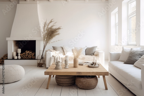 Contemporary interior with open concept view and a fireplace. Neutral living room. Generative AI