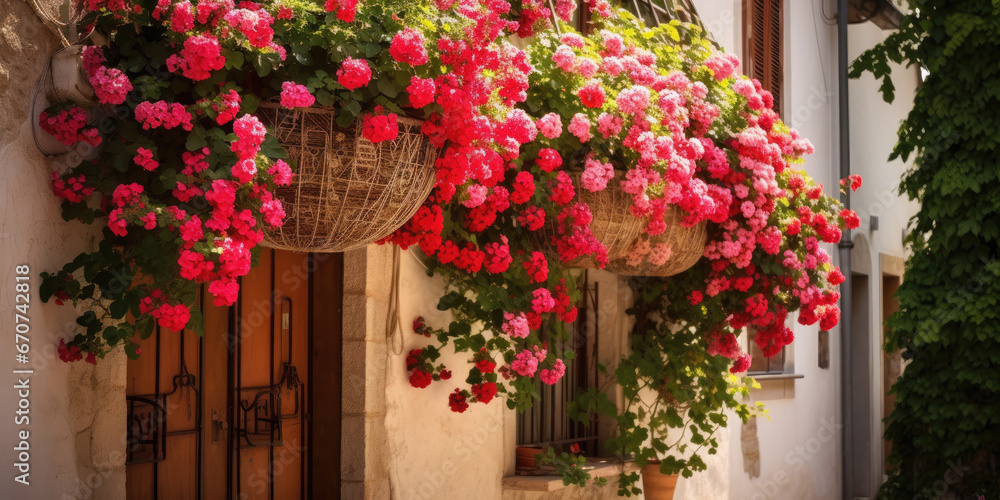 Colourful petunias in hanging baskets against a sandstone building