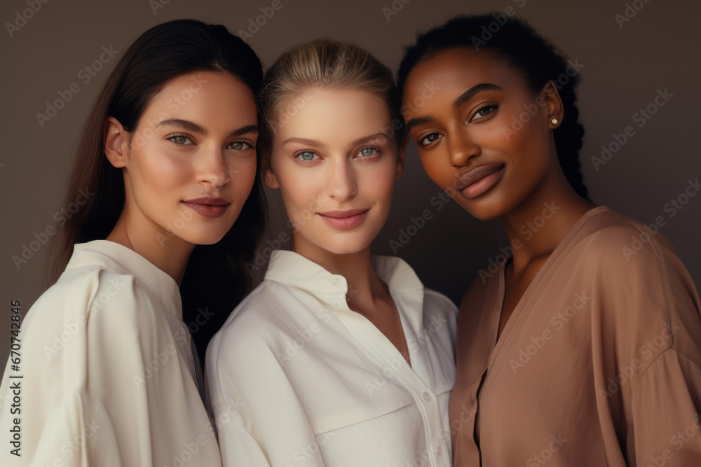 Strong females, Group of fashionable women standing together. Beautiful tattooed young women posing together on black background. Strong females, Group of fashionable women standing together. Beautiful tattooed young women posing together on black background.