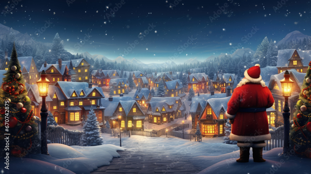 Beautiful Landscape of the Snowy Santa Claus Village At Night and Santa Claus Standing, Christmas Banner Background. Generative AI - obrazy, fototapety, plakaty 