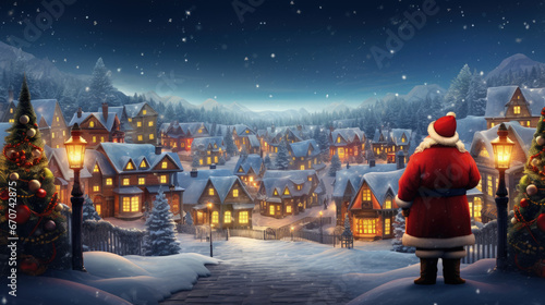 Beautiful Landscape of the Snowy Santa Claus Village At Night and Santa Claus Standing, Christmas Banner Background. Generative AI photo