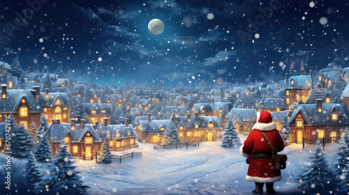 Beautiful Landscape of the Snowy Santa Claus Village At Night and Santa Claus Standing, Christmas Banner Background. Generative AI