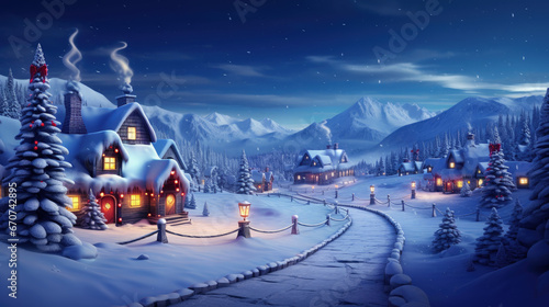 Beautiful Snowy Santa Claus Village At Night A Christmas Landscape For Holidays, Christmas Banner Background. Generative AI photo