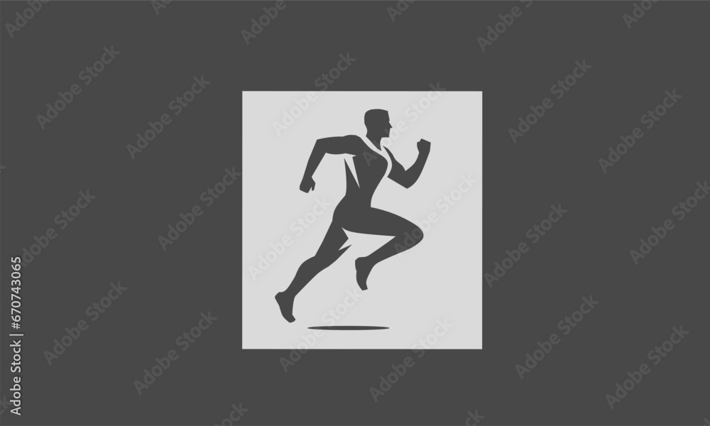 Logo design of a black silhouette of a person running forward showing the spirit of running to achieve a goal. The running person logo symbol expresses energy, joy and freedom.