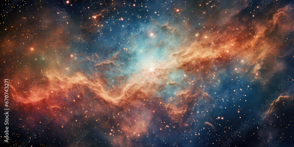Naklejka premium Cosmic dust and gases form a colourful nebula in distance. Space. These colourful clouds can be the inception of a new star. 