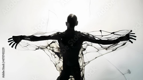 A distorted, faceless figure with long, spindly arms and legs, its body covered in a web of black s that pulse and throb as if alive.