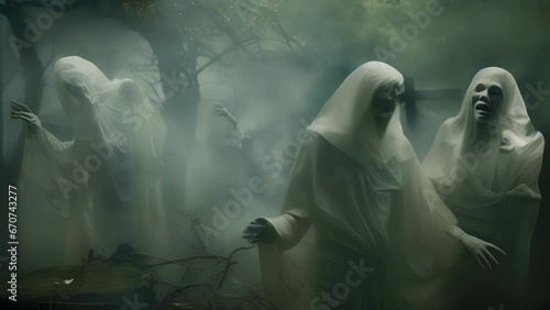 Closeup A of ghostly apparitions float above an old graveyard, their faces contorted in pain and sorrow as they relive their tragic deaths over and over again.