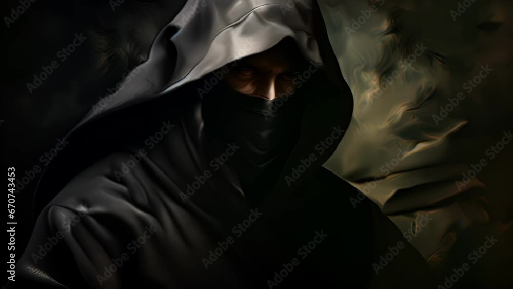 Closeup of a shadowy figure, their face masked in shadows and their body cloaked in tattered black fabric, a chilling aura of mystery and malice exuding from them. Closeup of a shadowy figure, their face masked in shadows and their body cloaked in tattered black fabric, a chilling aura of mystery and malice exuding from them.