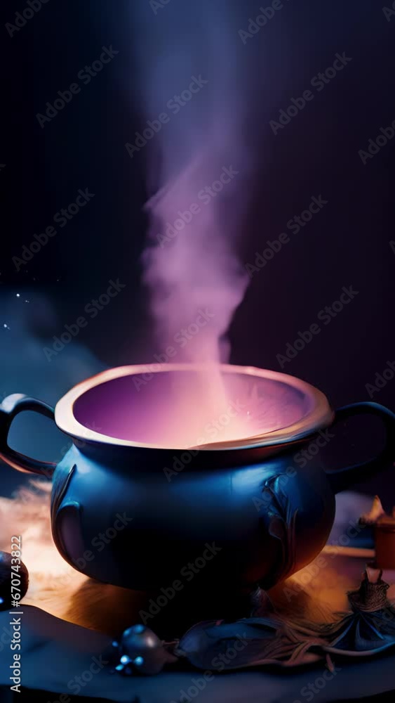 Closeup A magical potion bubbling over in a cauldron, with steam rising and sparkling stars and hearts floating in the air. Closeup A magical potion bubbling over in a cauldron, with steam rising and sparkling stars and hearts floating in the air.