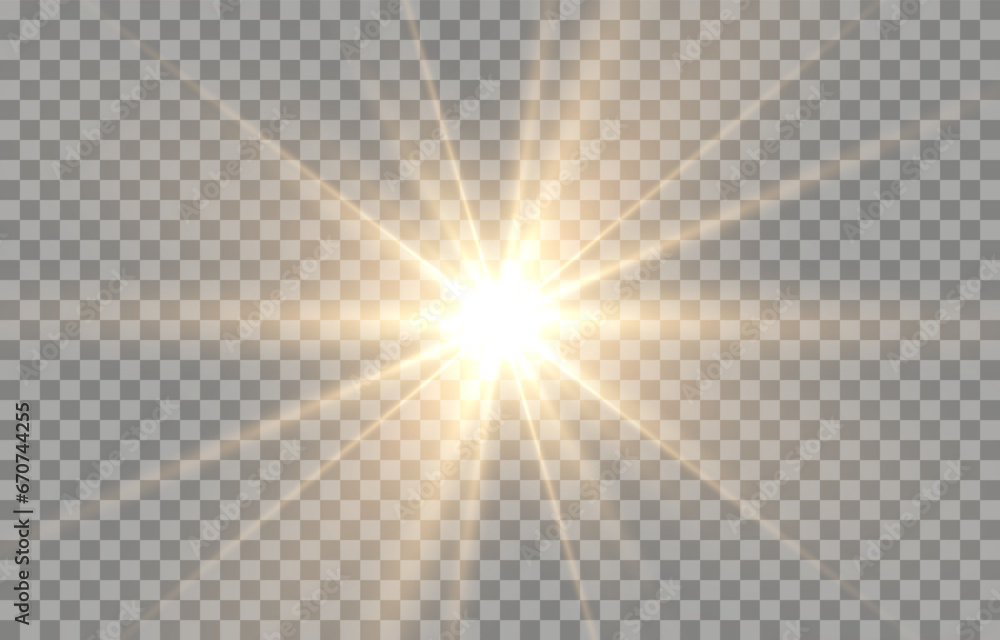 Vector light on isolated transparent background. Sun, rays of light png. Magic glow, golden light png.