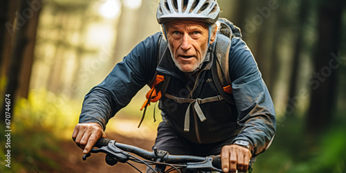 Joyful Escape: Senior Man Biking in Forest Landscape