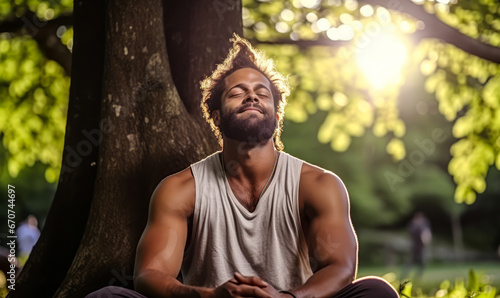 Young Man Finds Inner Peace Meditating Under Tree at Park