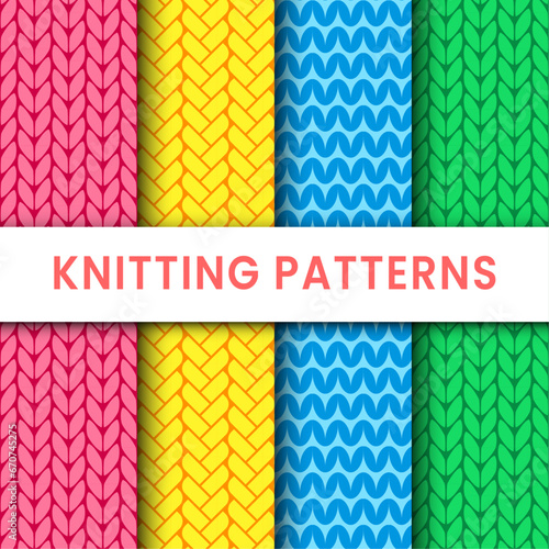 Set of knitted seamless patterns in 4 colors. Warm woolen knitted fabric for winter. added to swatch palette. For backgrounds packaging wallpaper wrapping paper web page backdro and other designs.