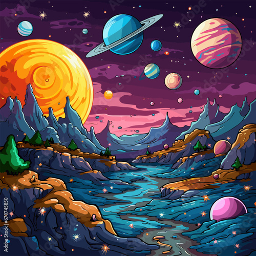 Alien planet background. Glowing desert surface with many planets stars in dark sky, game space cartoon vector illustration