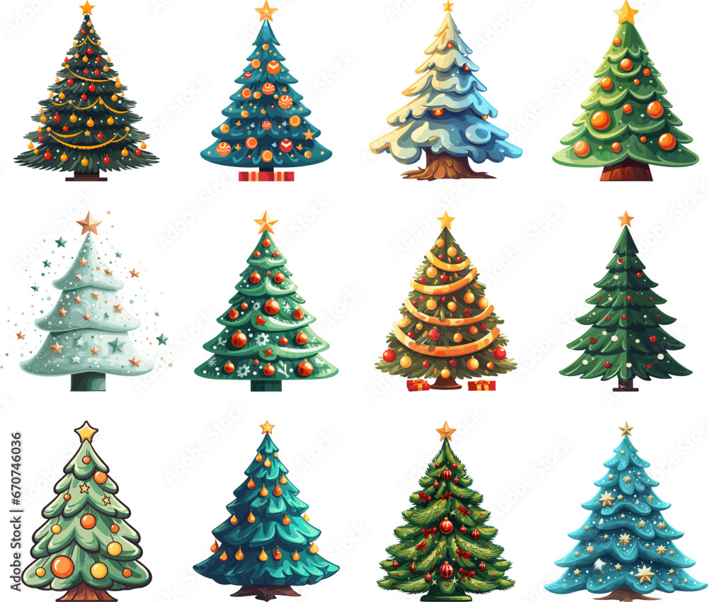 Christmas tree collection. Noel trees with stars balls garlands and gifts isolated, home happy xmas fir spruces vector set