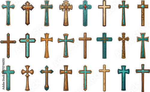 Christian cross set in cartoon style isolated on white background, wooden and jasper crosses vector illustration