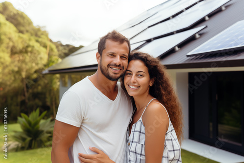 A American happy couple stands smiling in the driveway of a large house with solar panels installed. Brazilian couple