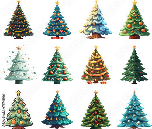 Christmas tree collection. Noel trees with stars balls garlands and gifts isolated, home happy xmas fir spruces vector set