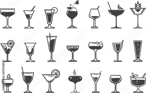 Cocktails black icons. Alcohol drinks glasses silhouettes isolated, alcoholic beverages vector outline signs photo