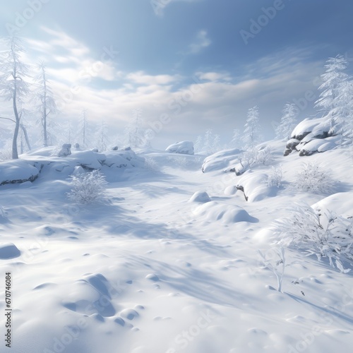 "A serene Blanket of Purity: Exploring the Untouched Snowy Landscape." Generativ ai.