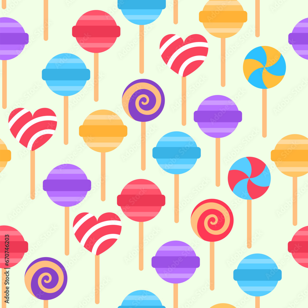 Colorful lollipop seamless pattern on green background. Bright assorted sweet repeat tile design. Party treat food wallpaper. Stick swirl striped candy wrapping paper Bonbon fabric vector illustration Colorful lollipop seamless pattern on green background. Bright assorted sweet repeat tile design. Party treat food wallpaper. Stick swirl striped candy wrapping paper Bonbon fabric vector illustration