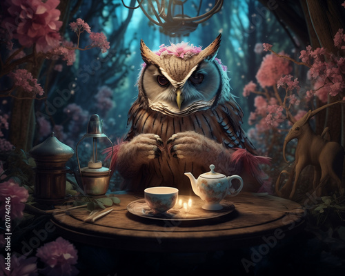 An owl serving tea in a hidden forest cafe. Surreal, dreamlike art style