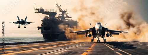 panoramic view of a generic military aircraft carrier ship with fighter jets take off during a special operation at a warzone, wide poster design with copy space area photo