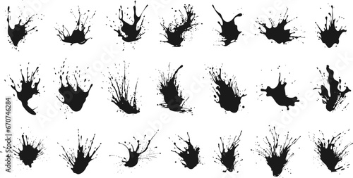 Liquid splashes silhouettes. Water splatters and drops set on white, black fluid stains closeup vector outlines