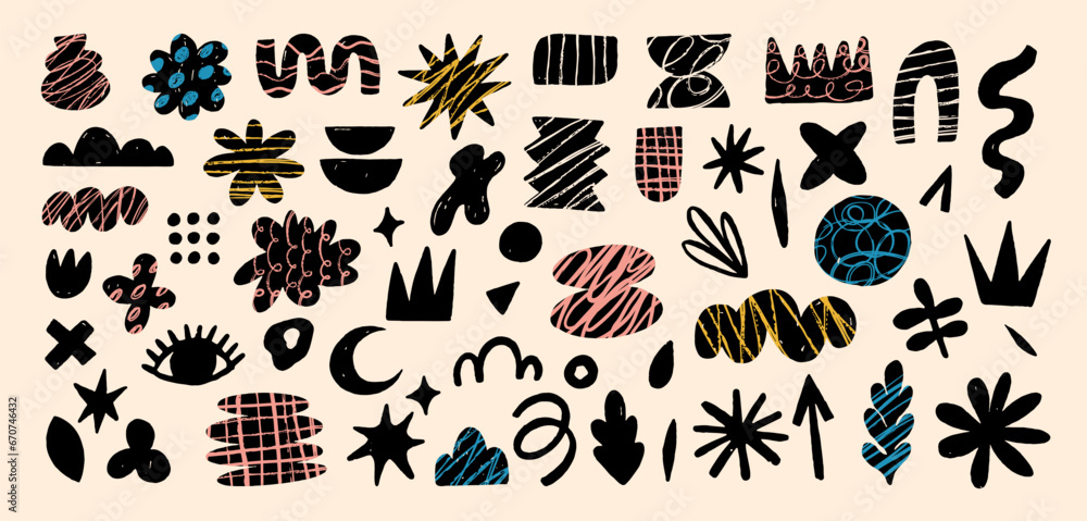 Hand drawn naive, bizarre abstract geometric shapes and forms. Modern contemporary figures, various organic shapes and doodle objects, vector graphic elements Hand drawn naive, bizarre abstract geometric shapes and forms. Modern contemporary figures, various organic shapes and doodle objects, vector graphic elements