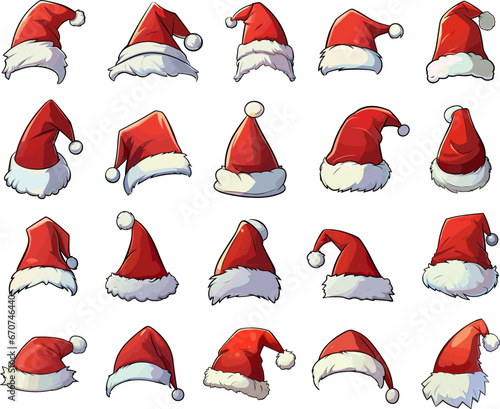 Santa red hats in cartoon style. Santas hat set with white fur for christmas portraits, vector xmas headpiece caps collection
