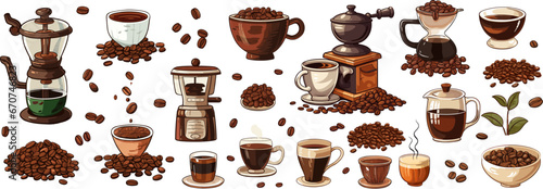 Coffee makers, cups and piles of beans. Cartoon doodle coffee drink collection, morning energy. Cafe or bakery elements, cup espresso vector set