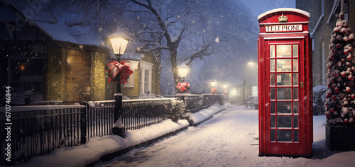 Christmas scene of bright red phone box on country Road in winter snow full.