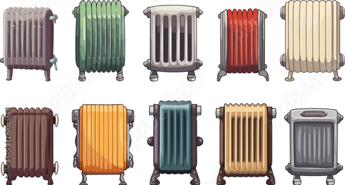 Different radiators isolated collection. Cartoon radiator for home or apartments. House supplies for warm, vector clipart