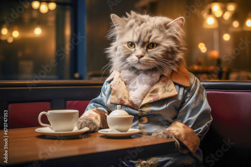 A cozy scene with a content cat enjoying a serene cafe ambiance, accompanied by a warm coffee cup