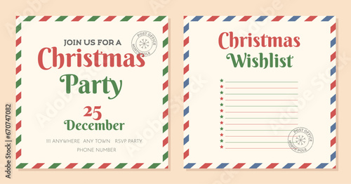 Christmas party invitation and wishlist template. Christmas letter to Santa with stamp. Holiday gift registry. Vector illustration.