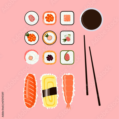 Set of sushi and nigiri in flat style. Chopsticks and soy sauce on pink background. Traditional asian food collection