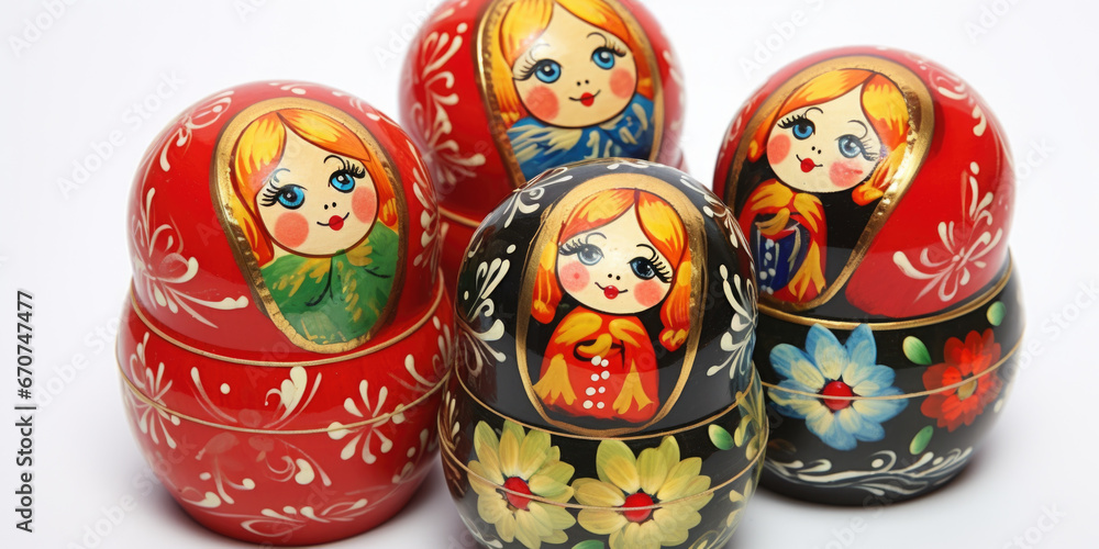 A group of Russian nesting dolls arranged on a white surface. Perfect for cultural and traditional themes or as decorative elements in interior design.