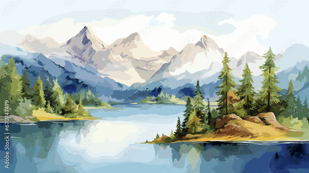 Watercolor imitation mountain, forest and lake landscape. Nature adventure, abstract background with peak mountains and rocks, vector graphic