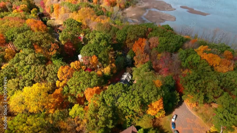 Aerial Tilt Up Shot Of Houses Amidst Trees Near Sea Against Sky - Manhasset, New York Aerial Tilt Up Shot Of Houses Amidst Trees Near Sea Against Sky - Manhasset, New York