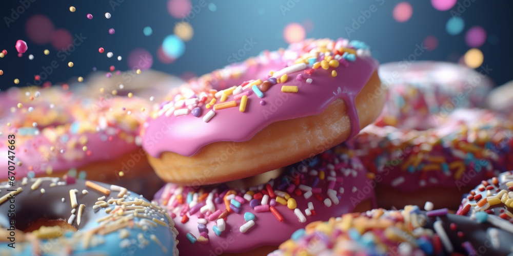 A pile of donuts with colorful sprinkles. Suitable for bakery and dessert-related designs.