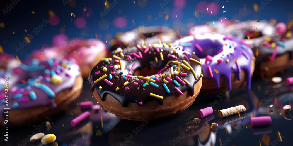 A group of delicious doughnuts with colorful sprinkles arranged on a table. Perfect for food blogs, bakery promotions, and sweet treat advertisements.