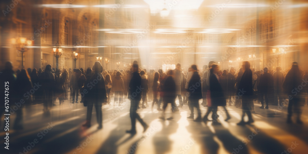 A blurry image of people walking in a building. This image can be used to depict movement, bustling activity, or a busy urban environment.
