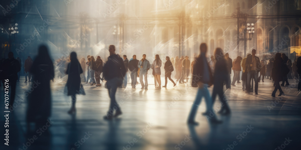 A group of people walking together on a street. Suitable for illustrating urban life and community activities.