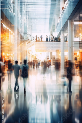 A blurry image capturing people walking inside a building. Suitable for depicting movement and activity in an indoor setting.