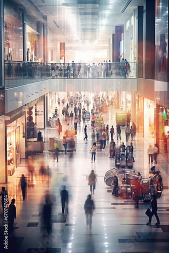 A group of people walking together through a bustling shopping mall. This image can be used to depict a busy shopping day or to illustrate consumerism and retail therapy.