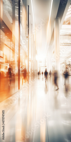 A blurry photo capturing people walking through a building. This image can be used to depict movement, urban scenes, or busy city life.