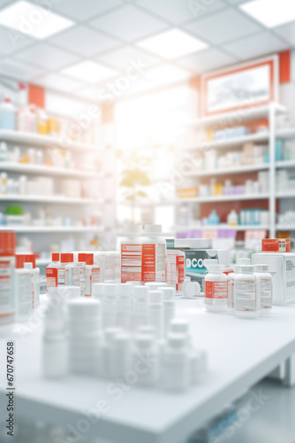 A picture of a pharmacy shop filled with numerous medicine bottles. This image can be used to depict a well-stocked pharmacy or to illustrate the concept of healthcare and medication availability.