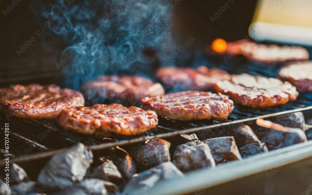 Burger meat being prepared over hot coals on a barbecue grill. Created with generative Ai technology.